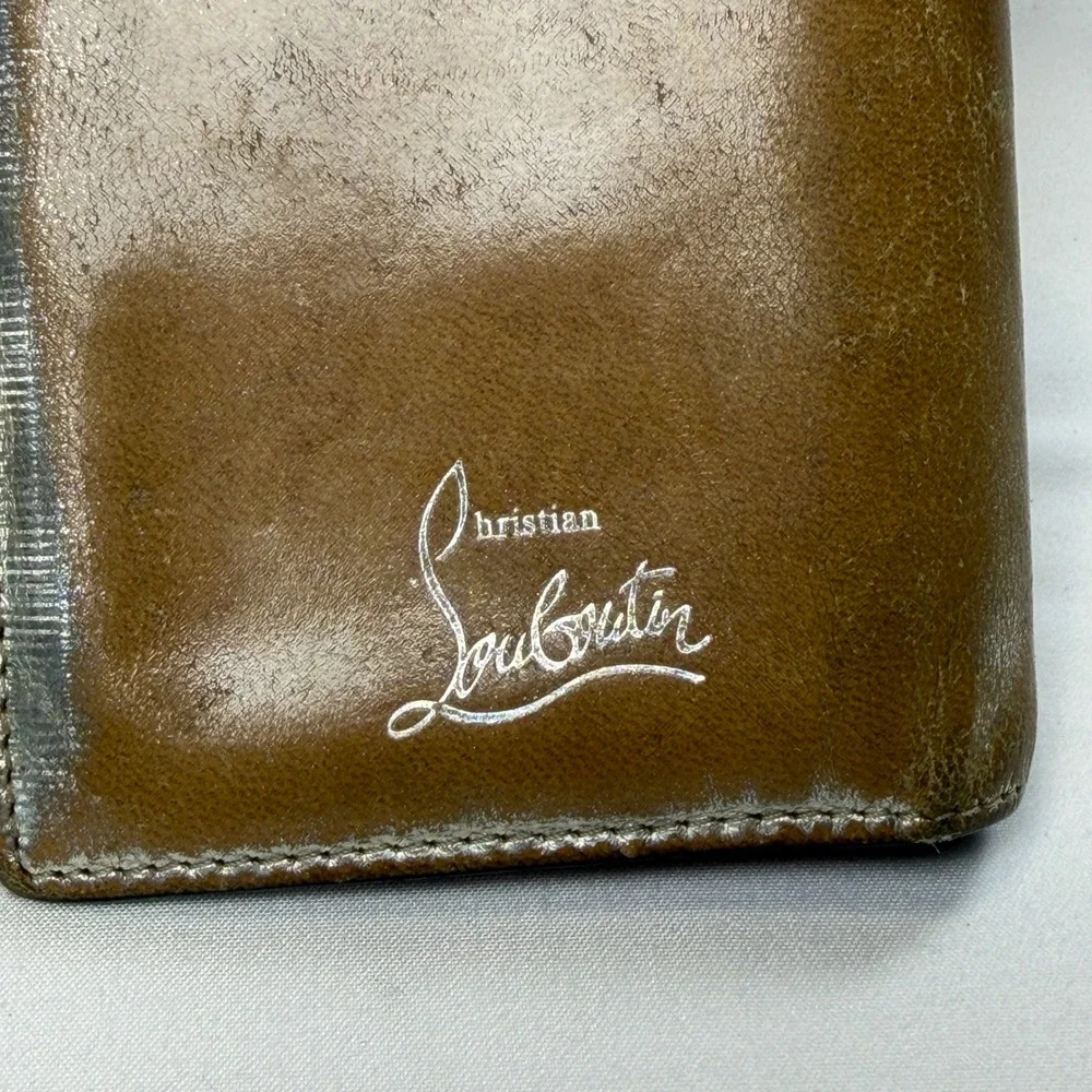 Christian Louboutin Paros Spiked Bifold Wallet Silver Metallic Red Leather